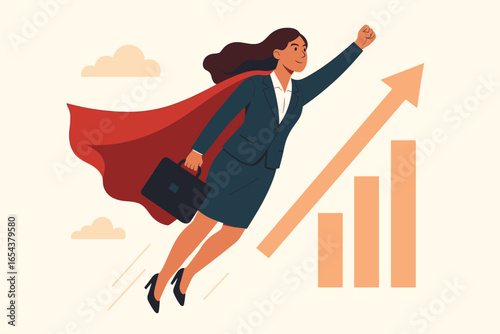 Super businesswoman flying to success. Woman in superhero cape with briefcase. Career growth, leadership, and achievement concept. Financial success chart. Vector illustration.