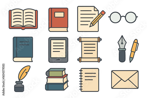 Writing and literature flat design icon set. Vector illustration of stationery and literary items. Book, pen, paper, quill, scroll, and ebook symbols for education and business.