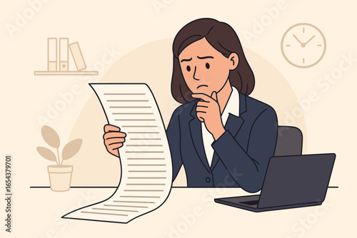 Businesswoman reading a long document. Pensive office worker with contract. Confused employee with paperwork. Business task, report, statement analysis. Stress, problem. Vector.