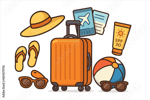Vector set of summer vacation essentials. Travel and holiday concept with cartoon luggage, airline tickets, sun hat, beach ball, sunglasses, flip-flops, and sunscreen.