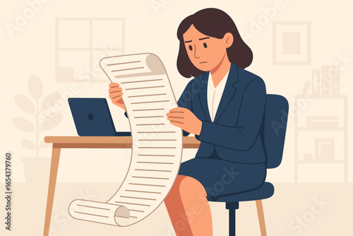 Stressed businesswoman reading long document. Confused office worker looking at contract terms. Overwhelmed employee with huge to-do list, report, or invoice. Bureaucracy.