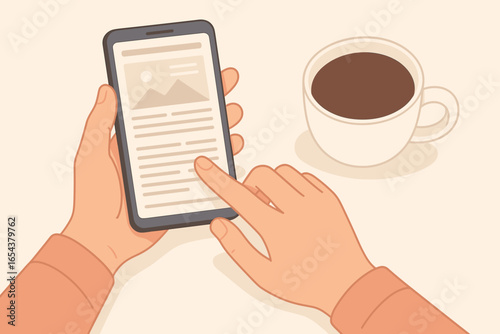 Person reading news on a phone while drinking coffee. Hands with smartphone scrolling a website. Morning routine and latest breaking news concept. Vector cartoon illustration.