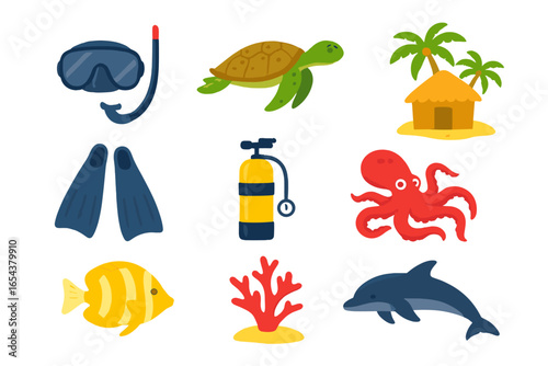 Scuba diving vector icon set for underwater exploration. Snorkeling gear, tropical vacation symbols. Cartoon sea life collection: dolphin, turtle, octopus, fish, coral, beach hut.