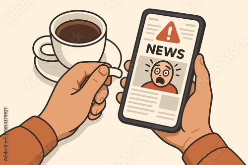 Man reads shocking news on phone during coffee break. Hands scrolling smartphone with fake news alert. Doomscrolling, information overload, anxiety, stress from media concept.