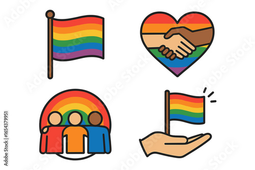 Set of pride month vector icons. Symbols of diversity, inclusion, and community. Rainbow flag, heart handshake, and group hug. Concept of LGBTQ support, love, and equality.