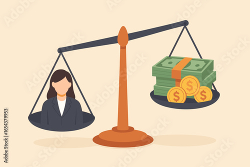 Concept of gender pay gap. Unequal salary and wage disparity. Businesswoman on a scale is worth less than money. Metaphor for financial inequality and social injustice.
