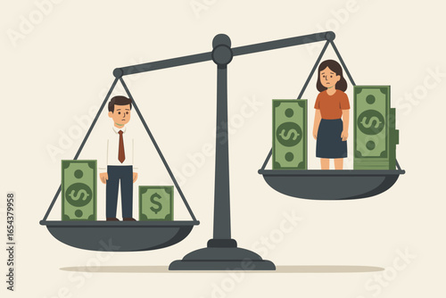 Unequal pay concept. Gender pay gap with man paid less. Salary inequality and injustice on weight scale. Financial disparity between man and woman. Unfair wage difference.