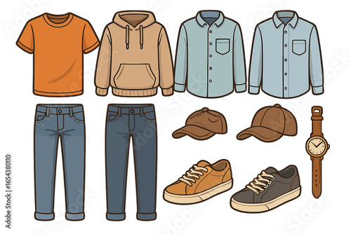 Men's casual clothing and fashion accessories set. Collection of apparel items for stylish outfits. T-shirt, hoodie, jeans, shirt, sneakers, cap, watch. Vector cartoon icons.