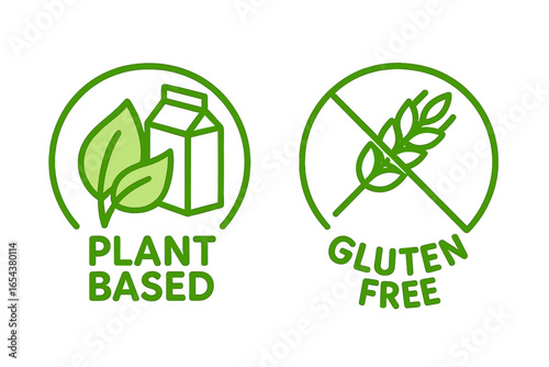 Plant based and gluten free vector icon set. Vegan, healthy food logo symbol. Allergy friendly, dietary product label. Dairy alternative, no wheat sign. Celiac-safe packaging.