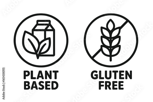 Plant based and gluten free icon set. Food packaging label. Vegan, no dairy, lactose free symbol. Healthy diet logo. Organic, vegetarian, celiac safe product sign. Vector.