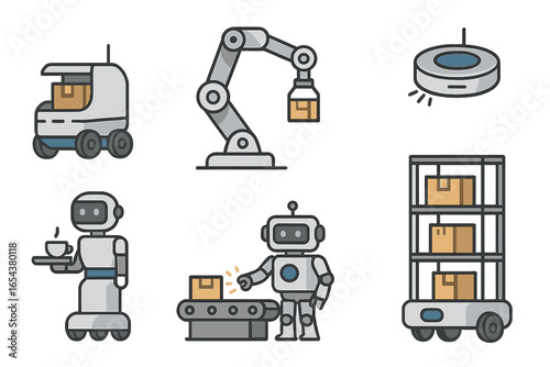 Robot and automation icon set. Industrial robotic arm, factory conveyor, warehouse logistics bot, autonomous delivery, service android. Future technology. Vector illustration.