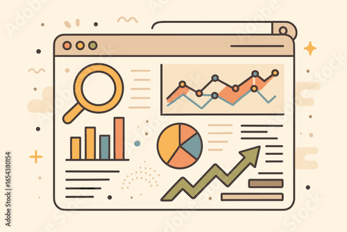 SEO analytics screen with graphs and data. Search engine optimisation statistics report. Digital marketing performance. Business data analysis. Web traffic growth concept. Vector.