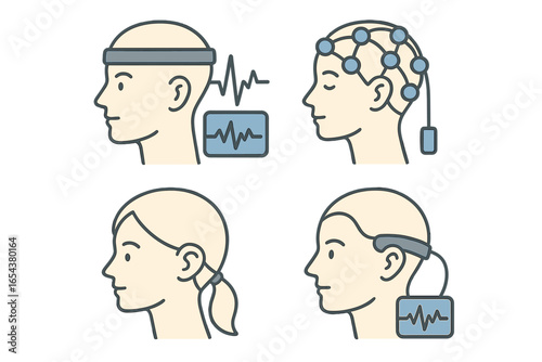 Various brainwave monitoring devices and EEG headset icons. Neurofeedback sensor and brain scan technology. Vector concept for mental health, neuroscience, psychology or neurology.