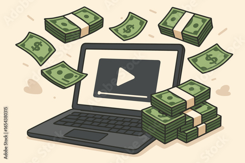 Making money online, video content creator concept. Laptop with stacks of dollars. Influencer and vlogger income. Digital monetization, freelance and passive income vector.