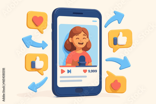 Smartphone with viral video spreading online. 3D cartoon vector of a vlogger or influencer. Social media marketing concept with like, share, and heart icons. Content creator.