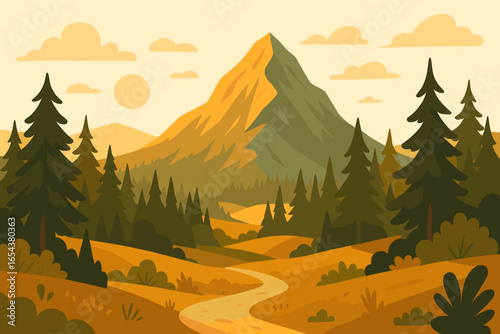 Warm mountain landscape with forest and trail. Vector cartoon illustration of a nordic nature scene. Adventure, hiking and travel concept. Wilderness exploration background.