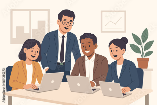 Diverse business team working together in a modern office. Smiling colleagues collaborating on laptops. Concept of corporate teamwork, success, project management, and meeting.