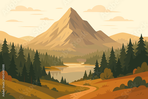 Mountain landscape vector. Nature scene with pine forest, lake and path. Travel, hiking, adventure, tourism concept. Nordic outdoor wilderness. Beautiful warm sunset background.