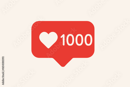 Social media likes icon. 1000 followers notification. Love reaction symbol. Vector counter. Concept for online community, digital marketing success, user engagement, popularity.