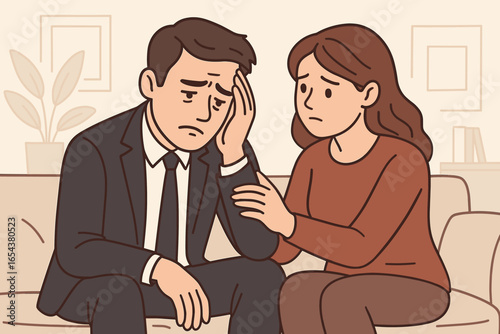 Woman comforting depressed businessman. Wife supports her overworked husband with anxiety. Concept of mental health, burnout, frustration, family problems, sadness, compassion.