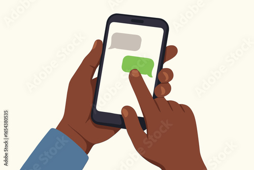 Hand with dark skin holding mobile phone and texting. Chatting, sending sms message. Smartphone screen with chat bubbles. Communication concept. Flat design vector illustration.