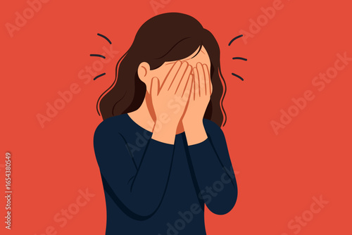 Woman Depressed, Hands Covering Face, Red Background, Anxiety, Stress, Sadness, Burnout, Mental Health, Emotional Pain, Depression, Vector Illustration