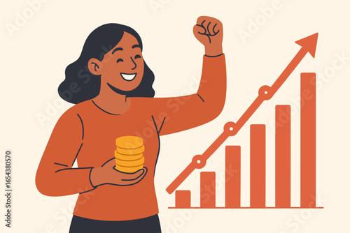 Woman investor success concept. Female person celebrating financial profit and return on investment. Happy character with money savings looking at rising stock market chart.