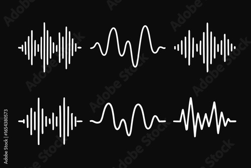 Sound waves and audio waveform elements. Song or music track shapes. Voice signal visualization. Digital soundwave icon set. Music rhythm frequency pulse graphic vector element.
