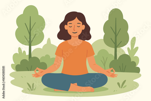 Woman meditating outdoors in nature. Female person in lotus pose feeling calm and peaceful. Mindfulness, yoga, and relaxation concept. Simple flat design vector illustration.