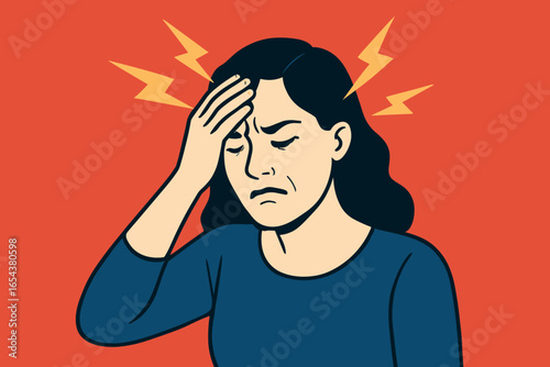 Woman suffering from migraine headache. Visual metaphor for head pain, stress and tension. Health problem concept. Female feeling sick. Person with chronic illness symptom.