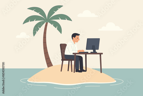 Work loneliness concept with man at desk on deserted island. Remote work, digital nomad, freelance metaphor. Businessman isolation, solitude, focus and peace illustration vector.