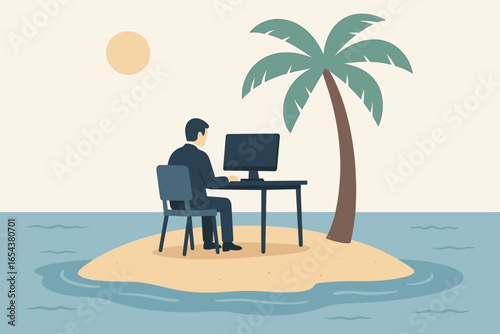 Work loneliness metaphor. Man at desk on deserted island. Concept remote work, isolation, solitude, burnout. Businessman computer escape. Digital nomad quiet paradise vector.
