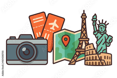 Travel and tourism concept with holiday vacation essentials. World journey with camera, tickets, map and famous landmarks. Eiffel Tower, Statue of Liberty, Colosseum. Vector.