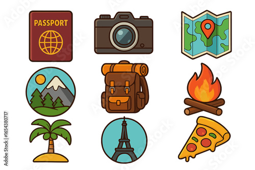 Travel icon set for adventure and vacation. Passport, camera, map, backpack for tourism. Mountain, campfire, tropical palm tree, Paris landmark and pizza. Vector cartoon icons.
