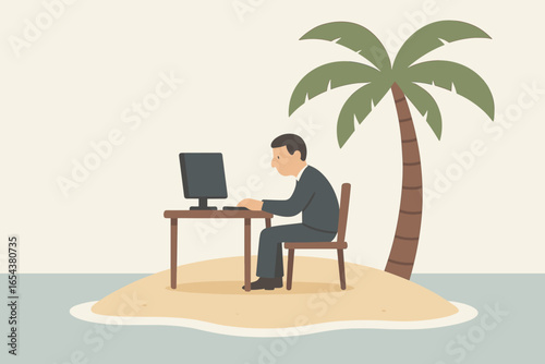 Work loneliness metaphor. Man at desk with computer on deserted island. Concept for solitude, isolation, peace, quiet, remote work, focus, digital nomad, freelancer. Flat vector.