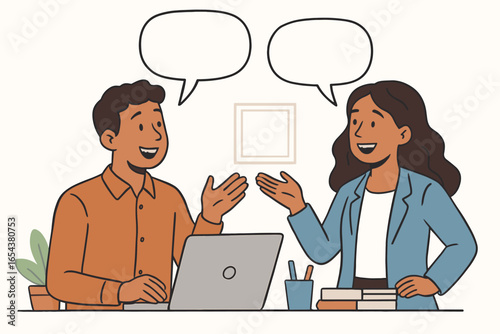 Two happy colleagues discussing a project in the office. Man and woman smiling at a desk with a laptop. Business communication, teamwork concept with speech bubbles. Vector.
