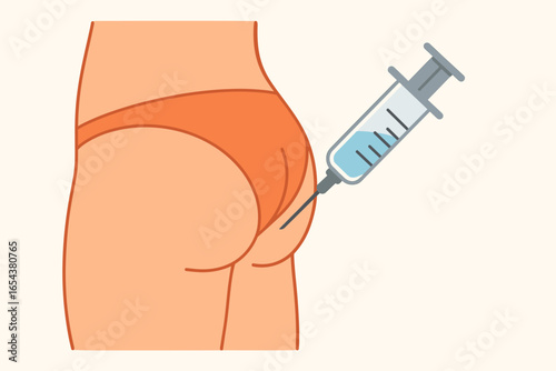 Vaccine shot animation. Syringe needle injection inserted on butt cheek skin. Vaccination, medicine and immunisation concept video clip in animated cartoon flat 3D style.