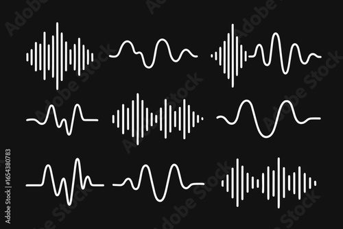 Sound and audio waves vector elements. Song or music track waveform shapes. Digital soundwave, equalizer frequency, voice pulse, audio signal amplitude. Music rhythm graphic set.