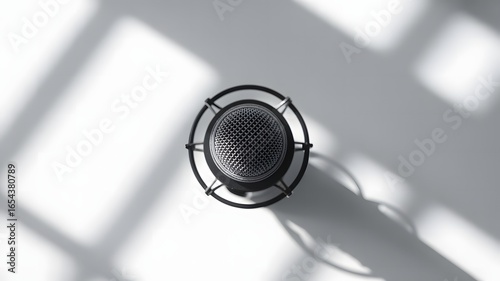 Top-down view of a sleek, modern microphone with geometric shadow patterns