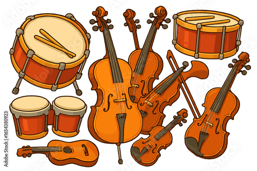 Musical instruments vector set. Cartoon collection with violin, cello, guitar, drum. Music orchestra, band equipment. Acoustic sound objects. Classic concert gear illustration.