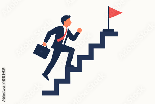 Stairway to success concept with businessman running up stairs to goal. Career ladder, business progress and achievement. Man with briefcase climbing to the top with red flag.