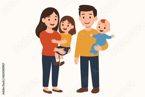 Happy family of four with mother, father, daughter and baby son standing together. Parents holding their children. Vector cartoon illustration for parenthood or family concept.