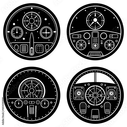 Illustration of four different black and white airplane cockpit instrument panels in a circular design
