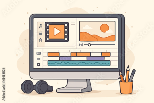 Cartoon vector illustration of video editing on a computer. Post-production software with timeline for movie making. Videography, content creation, multimedia, and vlogging concept.