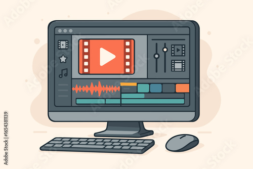 Video editing software on computer screen. Movie making application interface. Videography & post production concept. Digital content creation, filmmaking, vlogging, audio mixing.