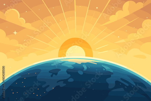Sunrise over planet Earth from space. Concept of new day, beginning, hope and opportunity. Sun rising on the horizon with clouds and stars. Vector cartoon illustration.