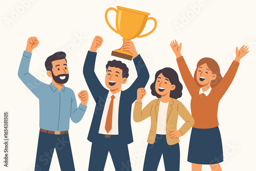 Winning team celebrating success. Businesspeople holding trophy. Happy winners with award. Victory and triumph concept. Teamwork achievement. Cartoon vector illustration.