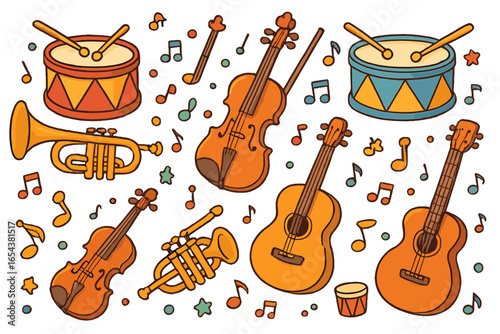 Set of musical instruments vector illustration. Collection of cartoon icons: guitar, violin, drum, trumpet. Music doodles for kids, school, or concert. Isolated sound elements.