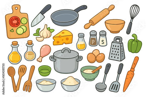 Big set of kitchen tools, cookware, and ingredients for cooking. Vector cartoon illustration collection. Food preparation, recipe, meal prep concept. Isolated graphic elements.