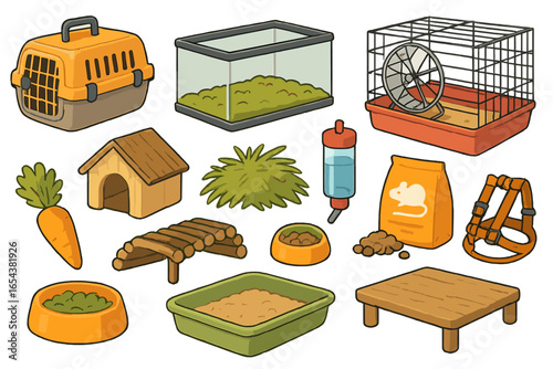 Pet supplies set for small animals. Rodent care accessories collection. Hamster, guinea pig care items. Vector icons of cage, carrier, food, wheel, terrarium, and toys.